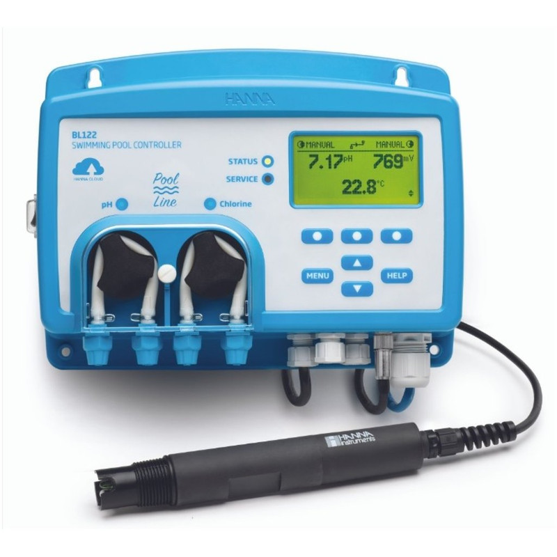 Controlador de piscina de pH / ORP / temperatura de celda de flujo montado en panel con ethernet par. HANNA