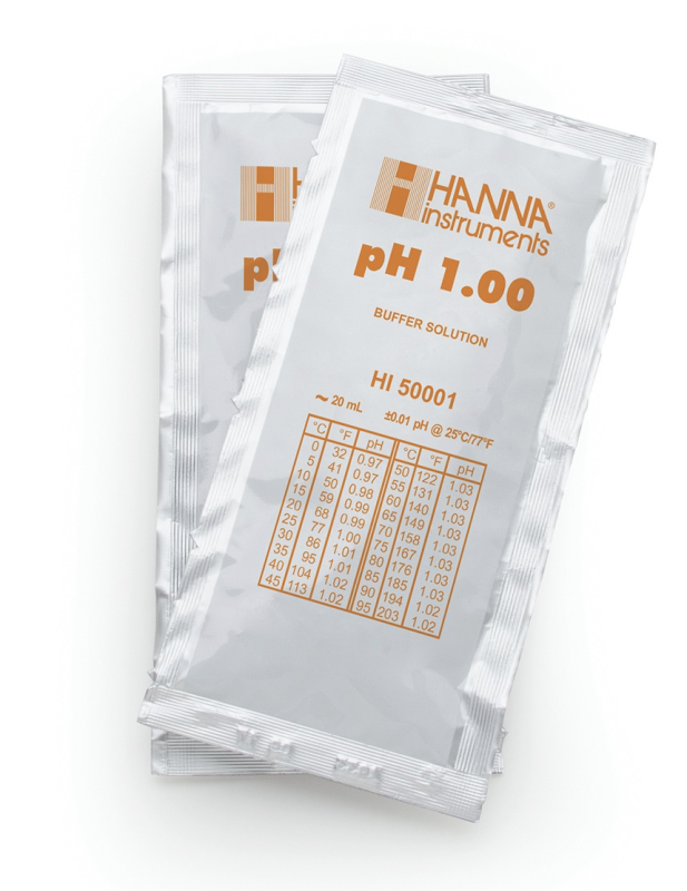 Sobres de solución técnica de calibración pH 1.00 " 25 °C, (25 x 20mL). HANNA