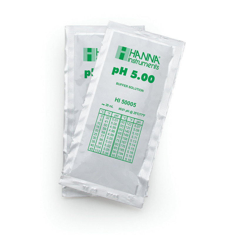 Sobres de solución técnica de calibración pH 5.00 " 25 °C, (25 x 20mL). HANNA