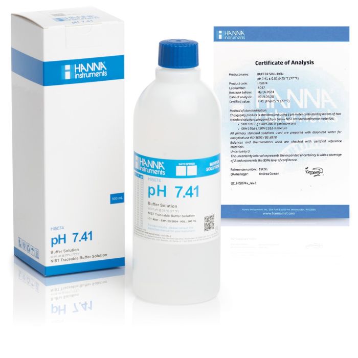 Solución de calibración técnica pH 7.41 " 25 °C, 500 mL. HANNA